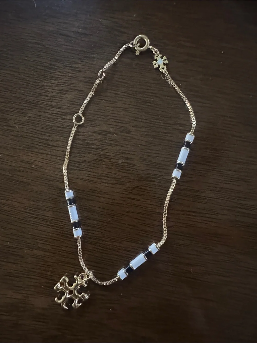 Tory Burch Gold Chain Bracelet with White Enamel Beads and Logo Charm NEW $129